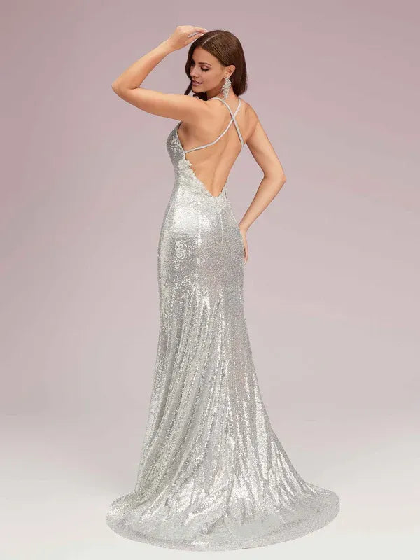 Weitese Dress Spaghetti Straps Halter V-neck Sexy Backless Silver Sleeveless Sequin Long Mermaid Prom Dresses